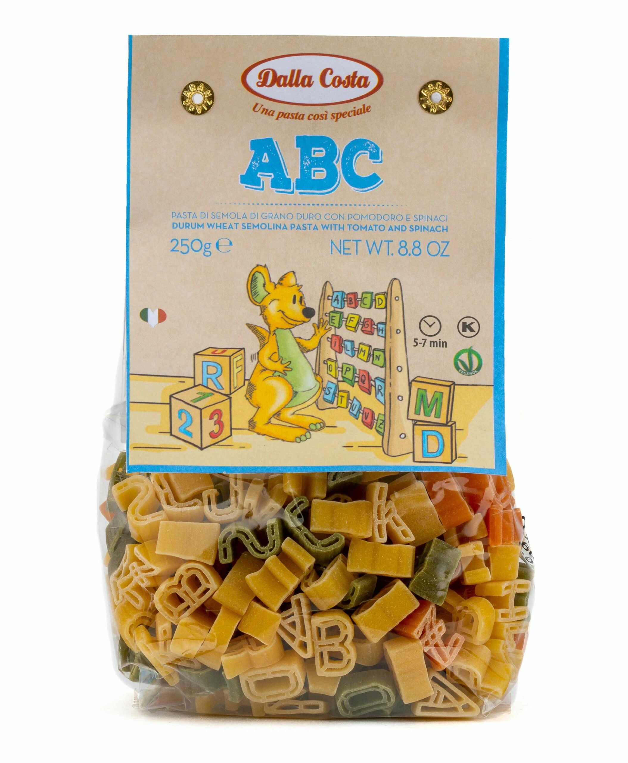 Макаронные изделия без яиц Dalla Costa со шпинатом и томатами "Алфавит", 0,250 кг